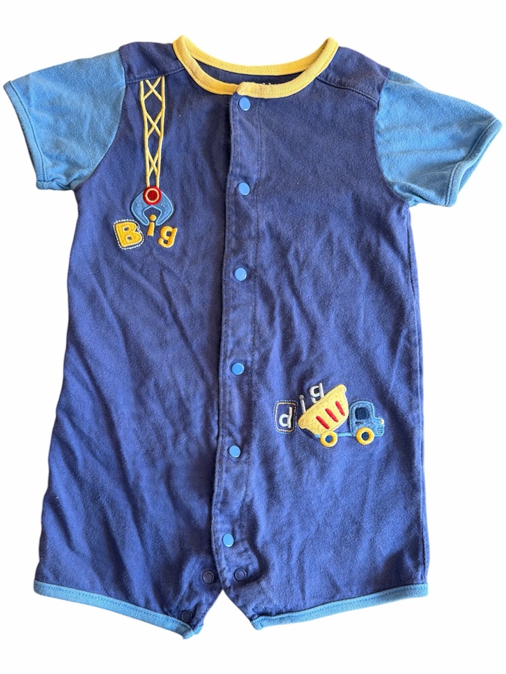 Carter's Blue Short-Sleeve Romper with Yellow Trim & Construction Appliqués
